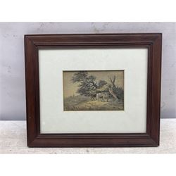 Manner of Thomas Gainsborough (British 1727-1788): Horses Resting in the Shade, watercolour unsigned, indistinctly inscribed verso 9cm x 14cm 
Notes: Compositionally very similar to another Gainsborough pastel, 'Wooded Landscape with Peasant Asleep and Horses outside a Shed' in the Tate. 