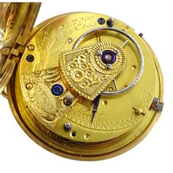 George III 18ct gold pair cased English lever fusee pocket watch by John Bolton, Durham, No. 844, round baluster pillars, engraved balance cock with flower decoration and diamond endstone, stop/work lever, cream enamel dial with Roman numerals and subsidiary seconds dial, case makers mark V&R, Chester 1819