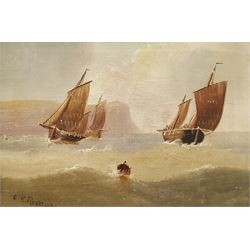 Edward King Redmore (British 1860-1941): Whitby Boats passing a Buoy, oil on canvas signed 16cm x 24cm; Low Tide and Yarmouth Sailing Boat, pair oils on Royal Doulton soup plates signed 19cm diameter (3)