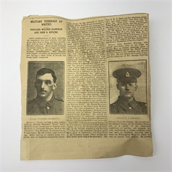 WW1 bronze memorial plaque to Wilfrid (Wilfred) Harrison of Whitby in issue envelope with note, together with scroll and note to Pte. Wilfred Harrison R.A.M.C. in card postal tube, newspaper cutting reporting the funeral with that of Pte. John Kipling also of Whitby; and war Graves certificate