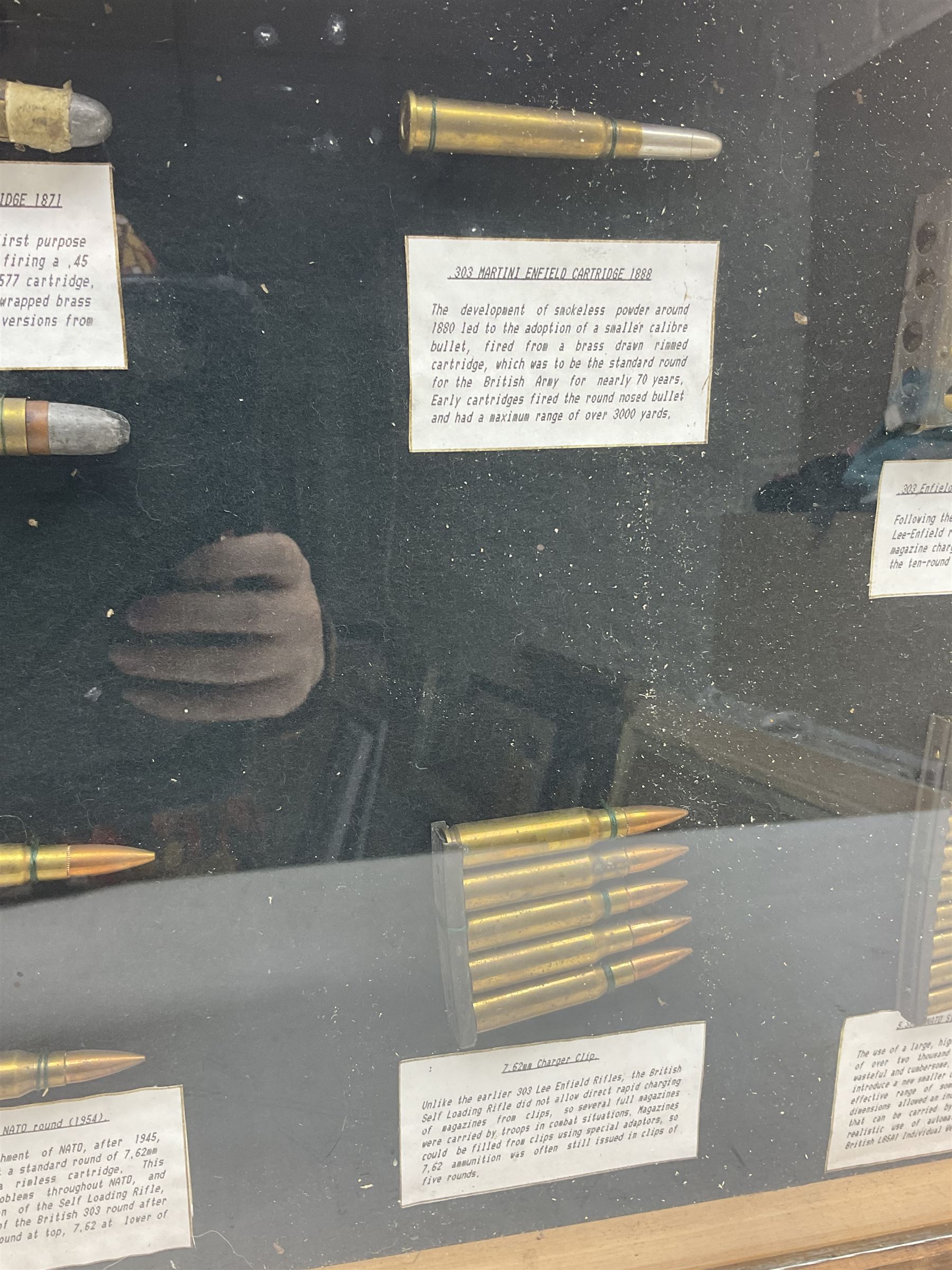 SECTION 1 FIRE-ARMS CERTIFICATE REQUIRED - Two cased specimen displays of annotated ammunition/cartridges - one entitled 'First World War Collection' containing twenty items including 7.63 Mauser, 7.65 Luger, .303, 7.62 x 54R Russian long, 455 Mk.II lead, 455 Auto etc; the other with sixteen items/clips including Musket cartridge, .577 Snider-Enfield, .577/45 Martini Henry, .303 Enfield Magazine, 7.62 Charger Clip, Specialised .303 rounds etc; largest case 41 x 76cm (2)