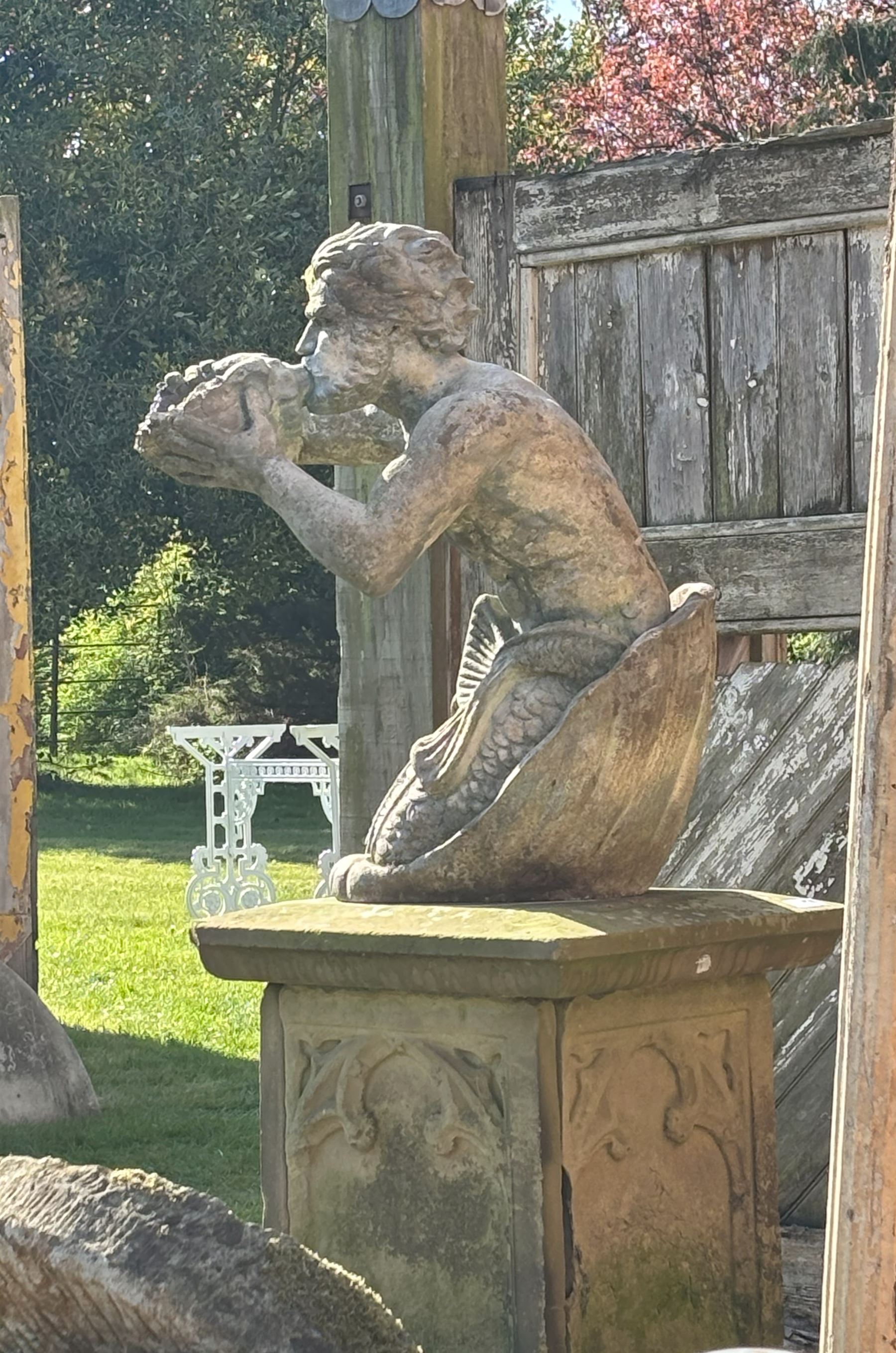 Reconstituted stone garden statue water fountain modelled as Triton, mid 20th century, in characteristic pose. H85cm - COLLECTION BY APPOINTMENT FROM: The White House, Thirsk Road, Easingwold, York, YO61 3NF - CALL 01723 507111 TO ARRANGE