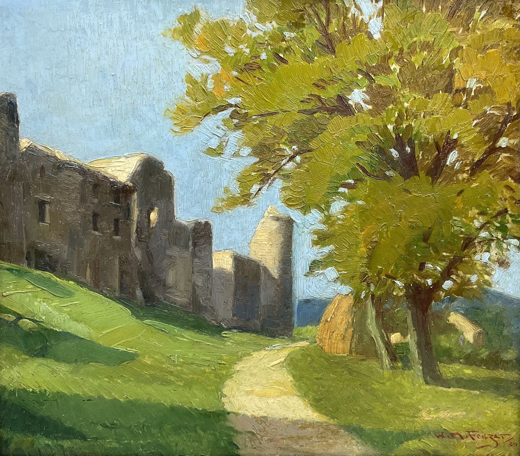 William Miller Frazer RSA (Scottish 1864-1961): Sunlight on a Castle Ruin, oil on panel signed and dated '30, 38cm x 43cm