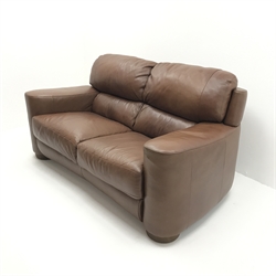 Two seat chocolate faux leather sofa, turned supports, W180cm