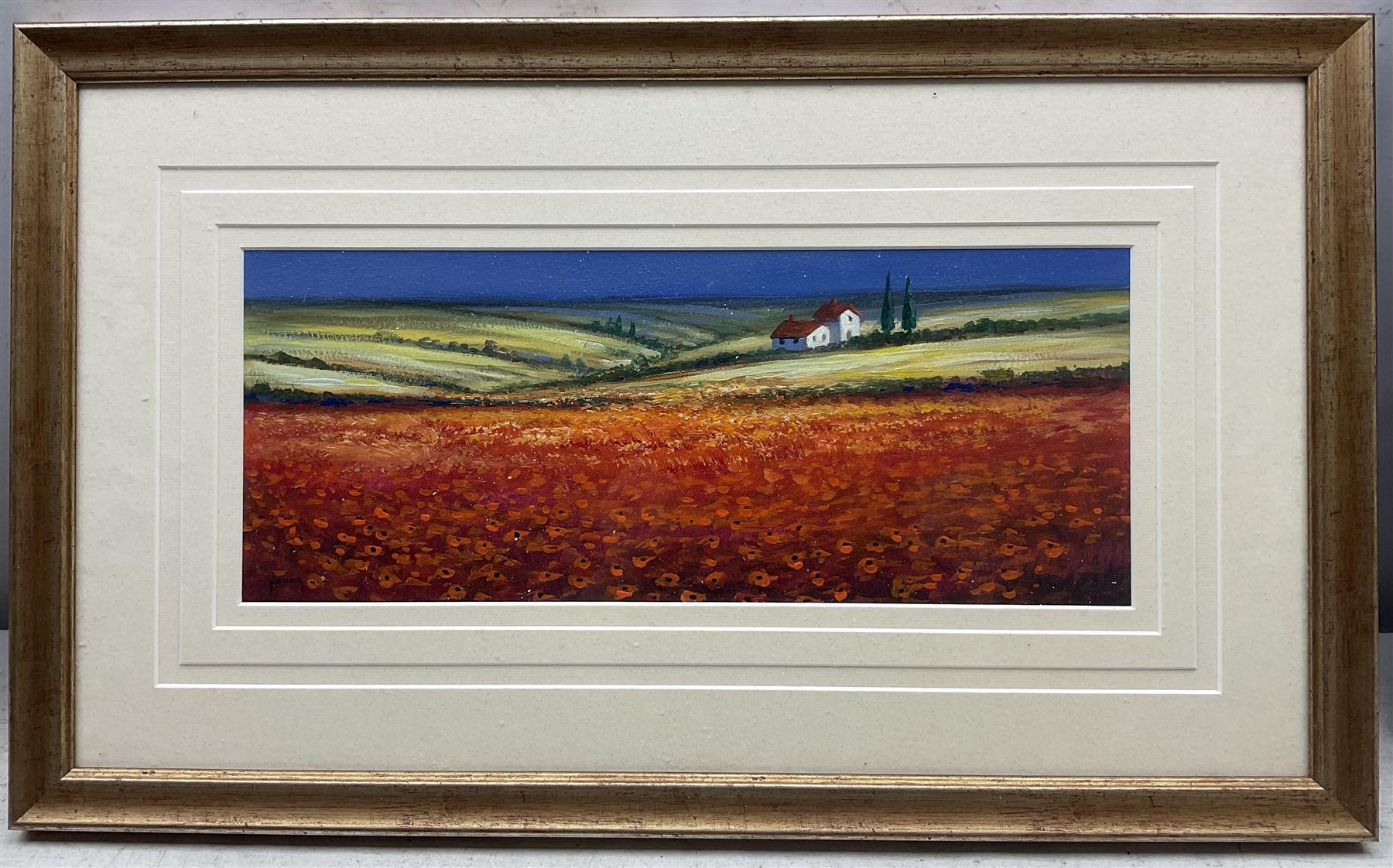 Mike Nance (British Contemporary): 'Hazy Morning' 'Sunset' and 'Poppies', three acrylic on board signed, labelled verso max 24cm x 70cm (3)