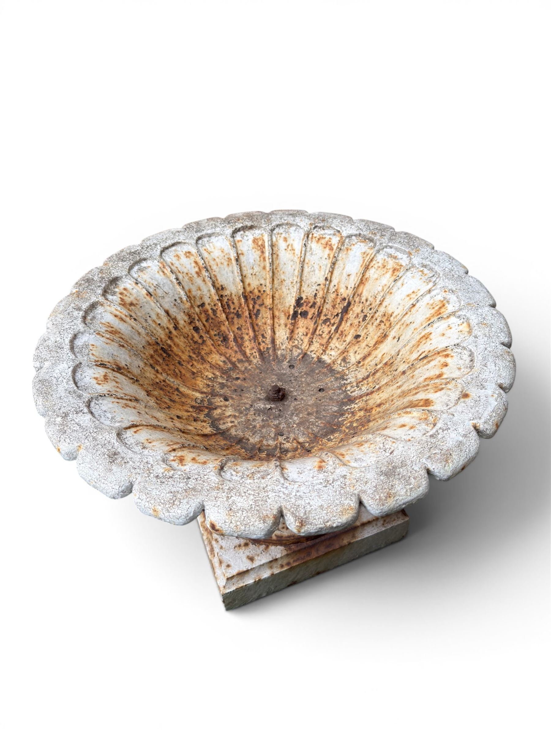 Coalbrookdale - pair of 19th century cast iron petal rim urns, squat form on square plinth, finished in distressed white paint, design registration number 133334, first registered 19 september 1860, number 19 in the Coalbrookdale Castings Catalogue (see illustration)