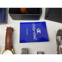 Collection of wristwatches including Accurist World Time chronograph quartz, Lorus chronograph 100m stainless steel quartz, Oskar Emil Torrini, two Citizen automatics, Seiko ladies Vivace, Titus, Limit and Tissot