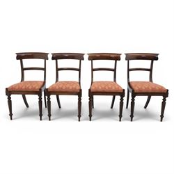 Set of eight 20th century solid rosewood dining chairs, upholstered drop in seats, on oak stretchers, made by Gott's of Pickering and T Feetam of Hull, stamped on all chairs, seat height 47cm