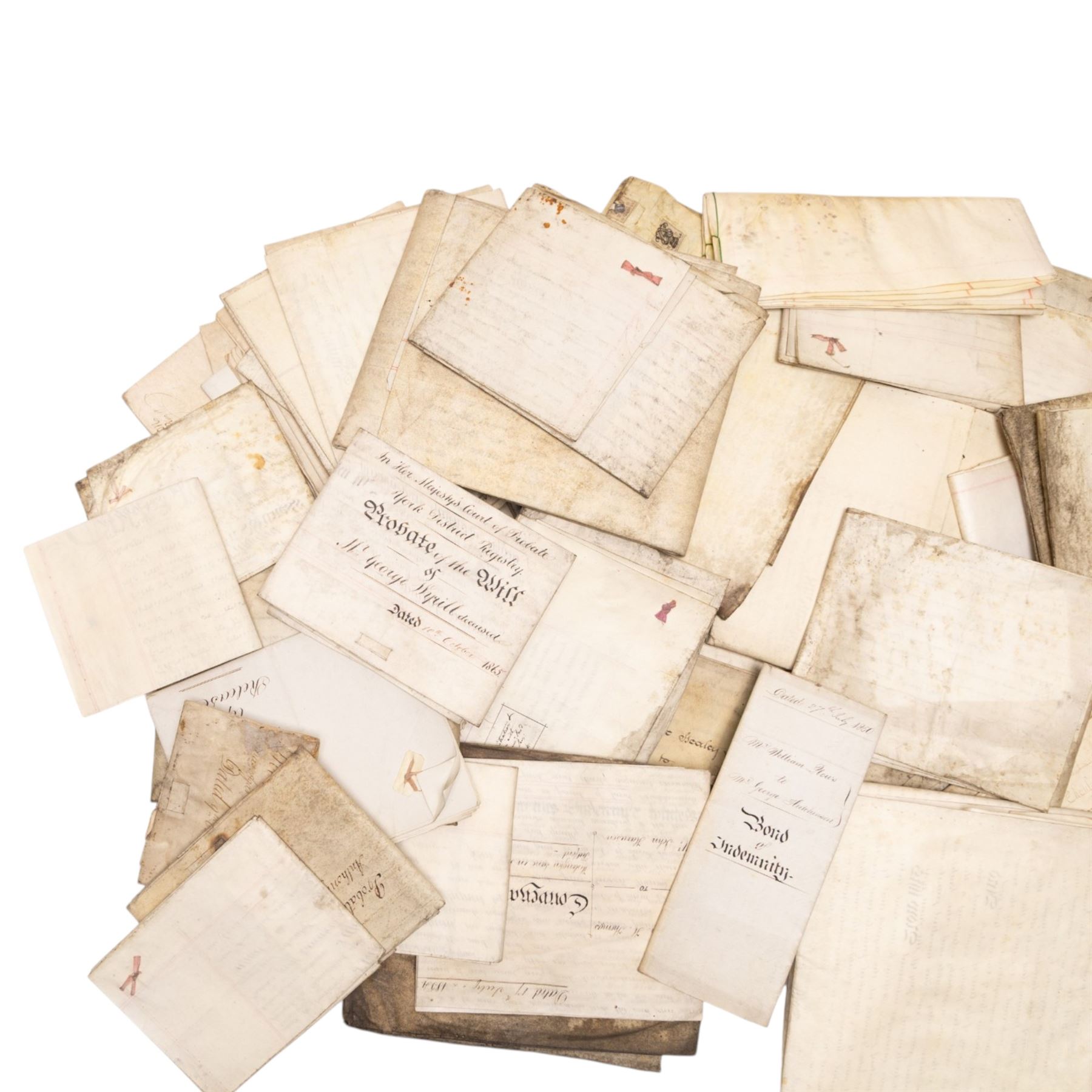 York interest - collection of 18th/19th century vellum indentures, wills and probate documents relating to the City of York and York families, including colonial and missionary interest with Reverend James Beale, formerly of York and late of Sierra Leone, clerk, probate 1857, John Allanson Bulmer, formerly of Ceylon and late of York, and Charles William Marshall of Bengal, India, manager of the Bengal Silk Company, together with other York legal and family papers, many retaining original seals and stamps, in one box