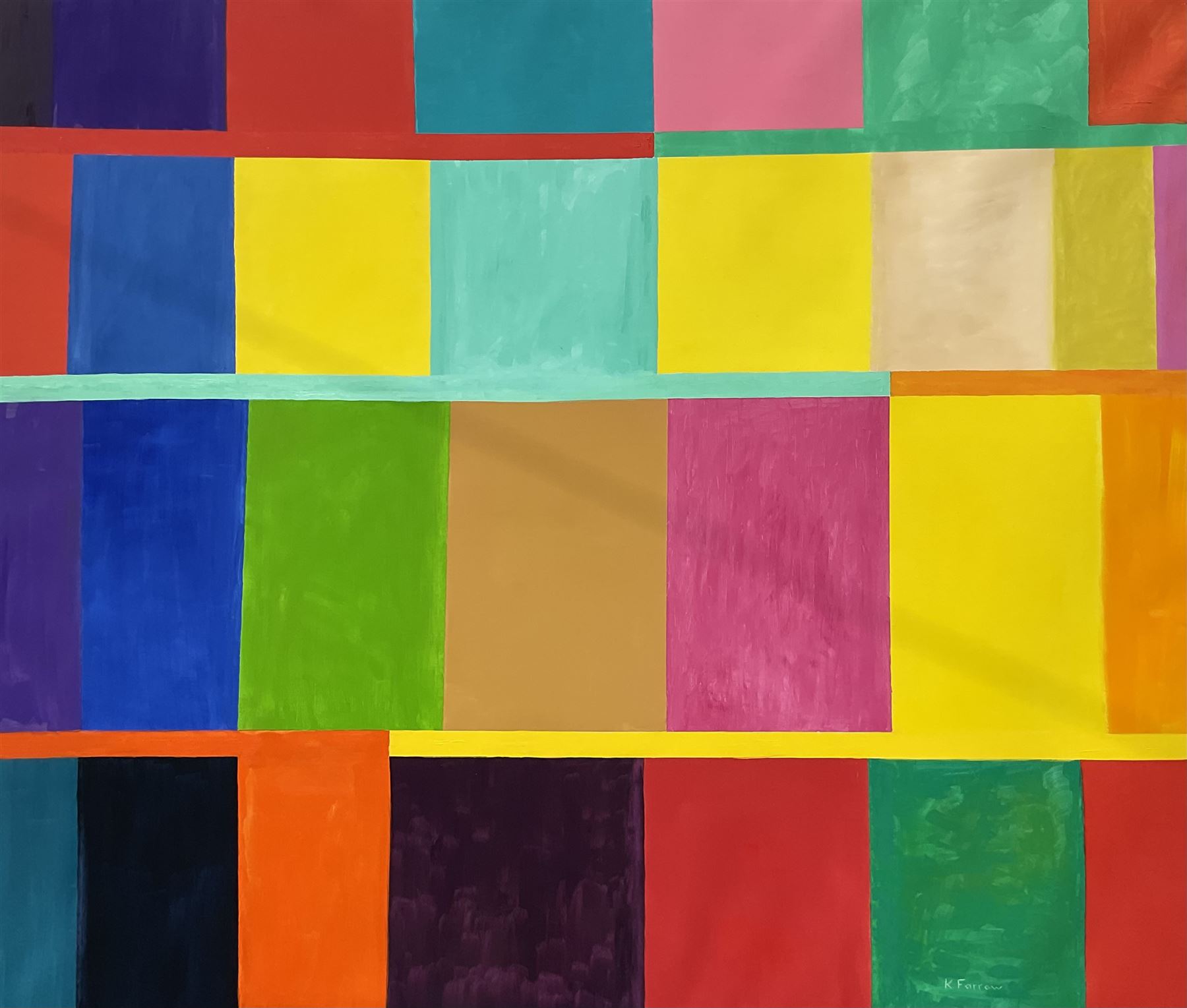 Kieron Farrow (British 1949-): ‘Rectangles’, oil on linen signed, titled and dated 2020 verso 194cm x 230cm (unframed)