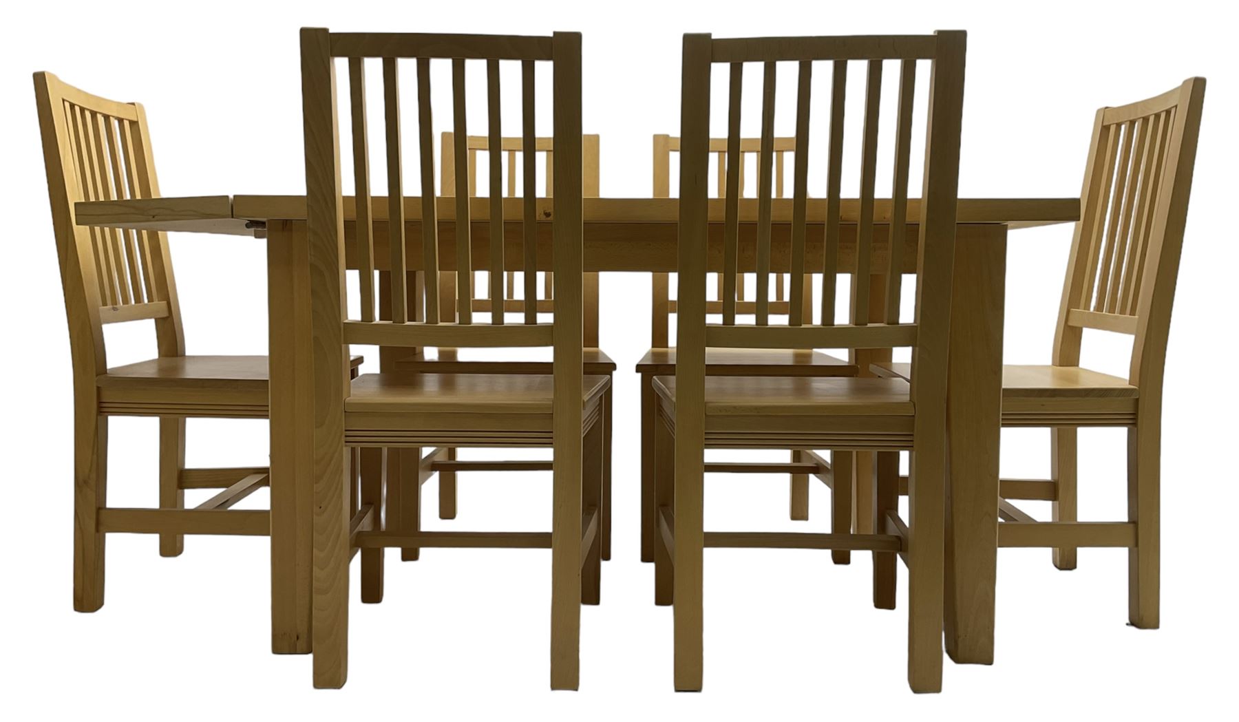Solid beech rectangular dining table (89cm x 135cm - 160cm, H77cm); together with a set of five beech dining chairs