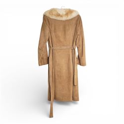 Mink coat, 1970s lamb fur trimmed coat, suede coat and Tom Bawker cream coat, and two pairs of ladies shoes approx size 8 (6)