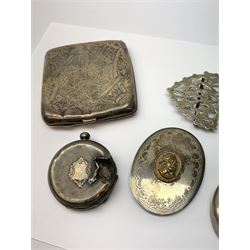 A silver cigarette case, with engraved scrolling decoration, hallmarked Joseph Gloster Ltd, Birmingham 1912, two silver plated belt buckles, and a pocket watch. 