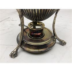 Silver plated egg coddler with a hen finial, H21cm, together with an Edwardian silver plated wine funnel with gadrooned rim, H14.5cm, together with a Royal Selangor pewter example