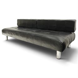 De Sede - 1970s 'DS 80' black leather modular settee or daybed, low upholstered bacl with loose rectangular back cushions over padded seat, raised on tubular chrome supports