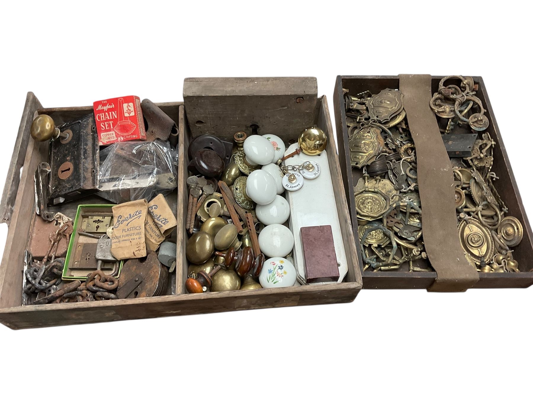 Collection of antique hard ware including brass door knobs, furniture plates and ring pulls, sash window pullies and other items 