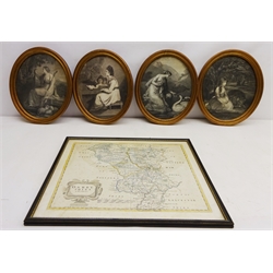  'Darbyshire', map by Robert Morden (c.1650-1703) hand coloured 41cm x 47cm and four 18th century stipple engravings - 'Una' and 'St. Cecilia', two after Joshua Reynolds, 'Erminia' and Feeding Swans after Angela Kauffman 29cm x 24cm (5)  