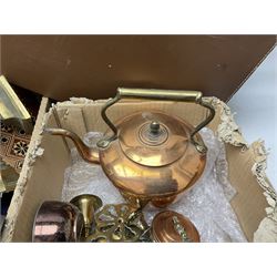 Collection of silver plated cased cutlery including part canteens and butter knives, together with other metal ware including J&J Siddons iron, horse brasses and a copper kettle, 1970s children's annuals including Beano, two handbags and three suitcases, vintage tins etc, in four boxes 