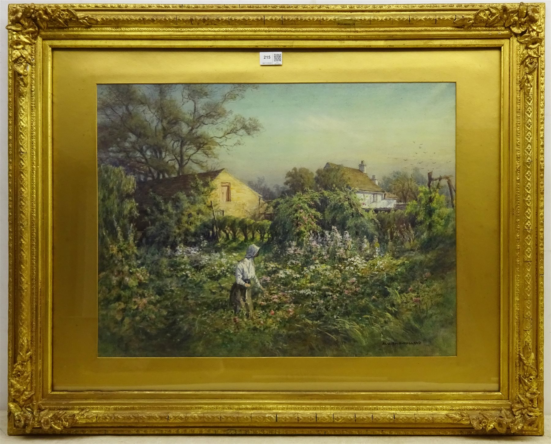 Alwyn Henry Holland (British 1861-1935): Young Woman in a Cottage Garden, watercolour highlighted in white signed 47cm x 62cm
Notes: Holland born in Sheffield, son of a Grocer, managed the family business was a member and secretary of the Sheffield Society of Artists