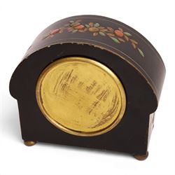 Winsor Bishop & Co - chinoiserie arched top mantel clock, circa 1930's, the dial with Roman numeral numbers, case decorated a garden upon a black ground, upon bun feet, H14cm