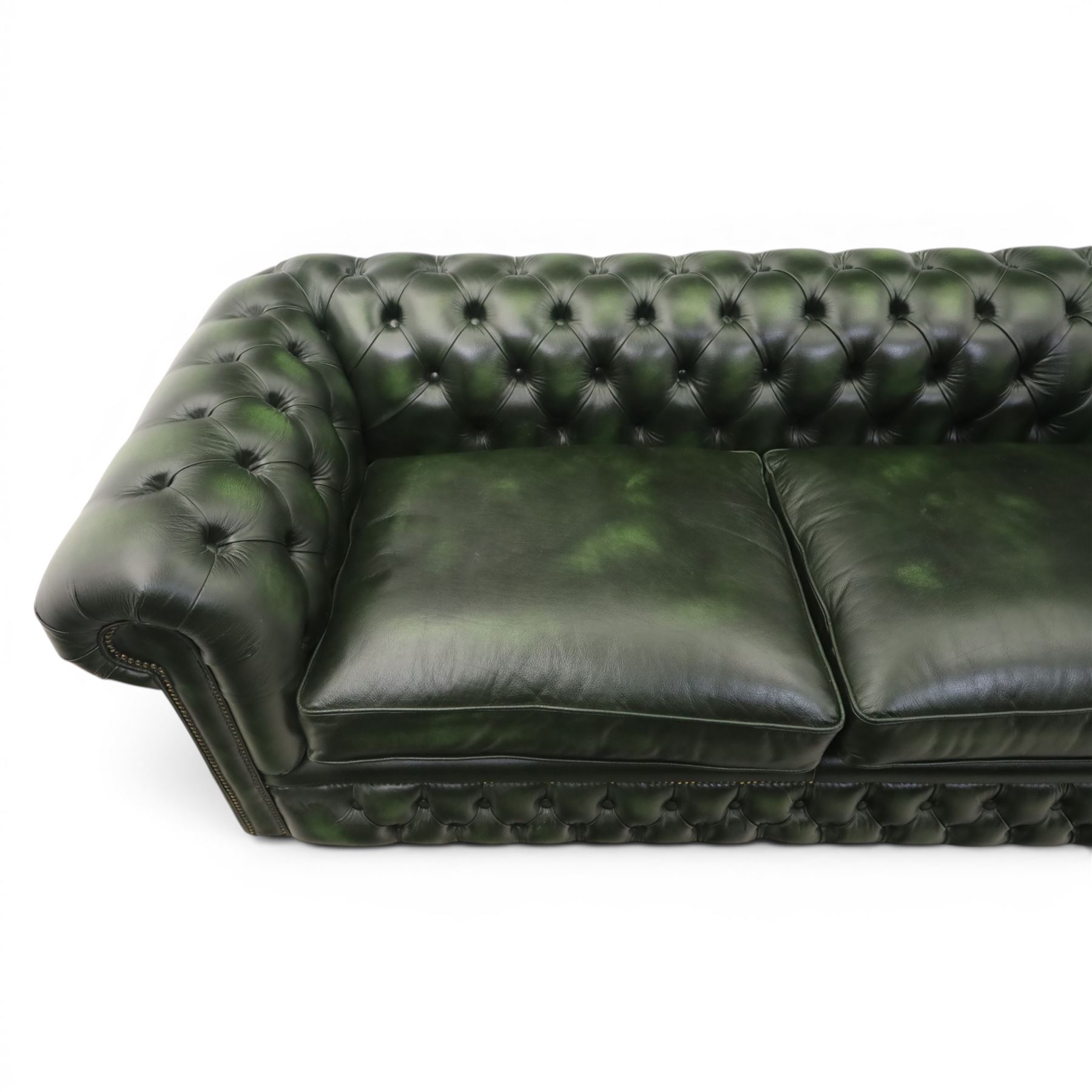 Distinctive Chesterfields - Chesterfield two cushion sofa, upholstered in green deeply buttoned leather