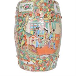  Chinese famille rose canton barrel shaped garden seat decorated with birds amongst foliage, figures and butterflies, H46cm