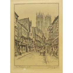  Low Petergate and Micklegate Bar, York, two early 20th century etchings signed and titled by John W King (British fl.1893-1924) 23cm x 16.5cm (2)  