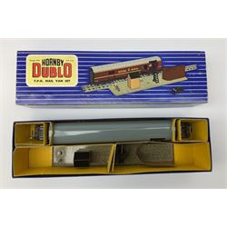 Hornby Dublo - Breakdown Crane No.4062 with screw jacks in plain red box with end label; D1 Girder Bridge, boxed; and T.P.O. Mail Van Set, boxed with mail bags (3)