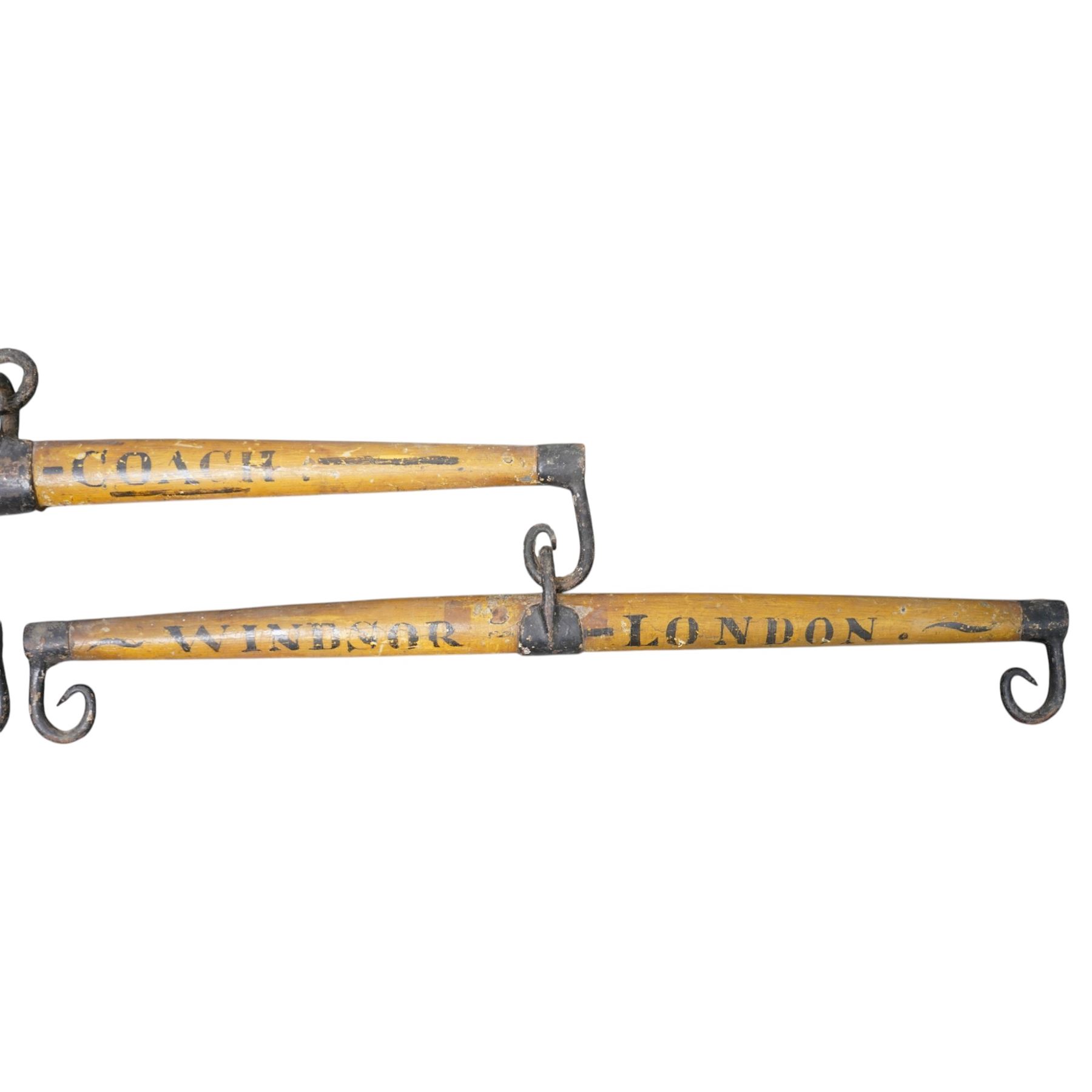 Taglioni coach triple swingletree, the central marked Taglioni Coach, the others Winsor - London, each swingletree L98cm