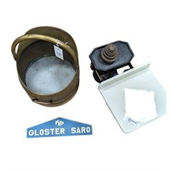 Gloster Saro Bedford aircraft refueller plaque, together with a brass coal bucket and a set of metal weighing scales, plaque 31cm x 10cm