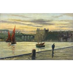 Robert Sheader (British 20th century): Grand Hotel and Spa Bridge from the West Pier Scarborough, oil on board signed 39cm x 59cm