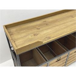 Industrial design pine and metal framed side unit, fitted with wire-work shelf above four crate drawers
