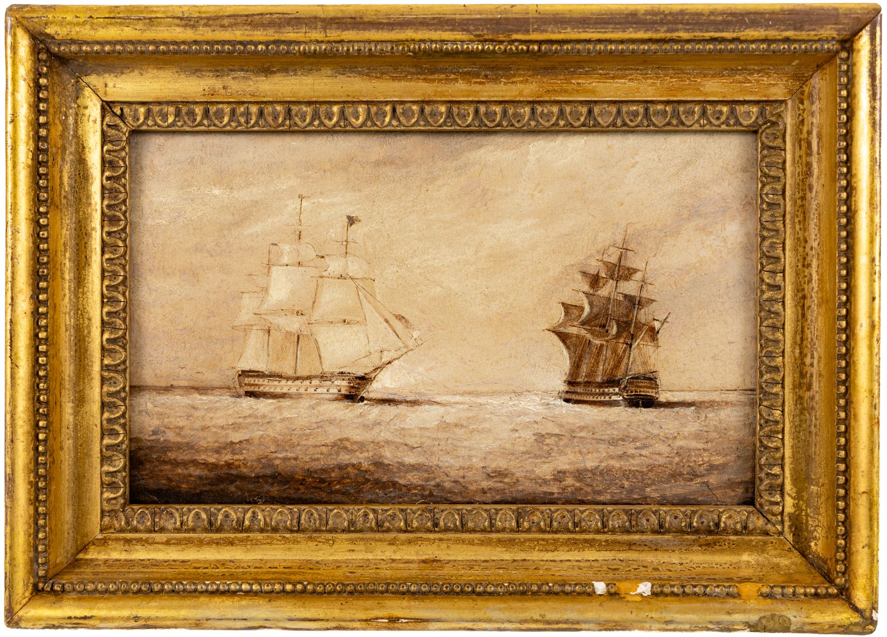 Circle of John Ward of Hull (British 1798-1849): British and Dutch Ships at Sea, pair oils on panel unsigned 13cm x 23cm (2)
