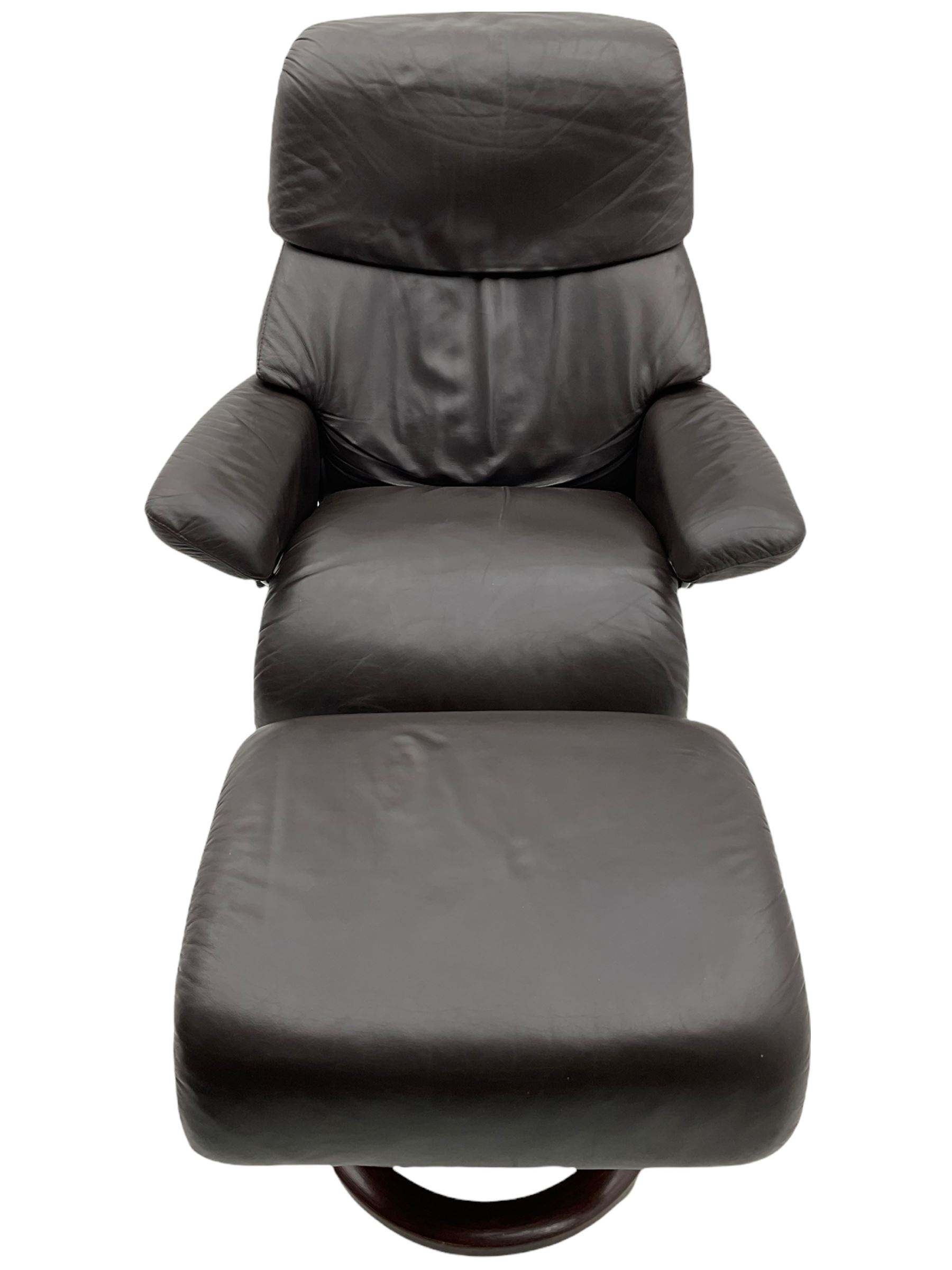 Ekornes Stressless - swivel reclining armchair with adjustable headrest, upholstered in cocoa brown leather, with matching footstool