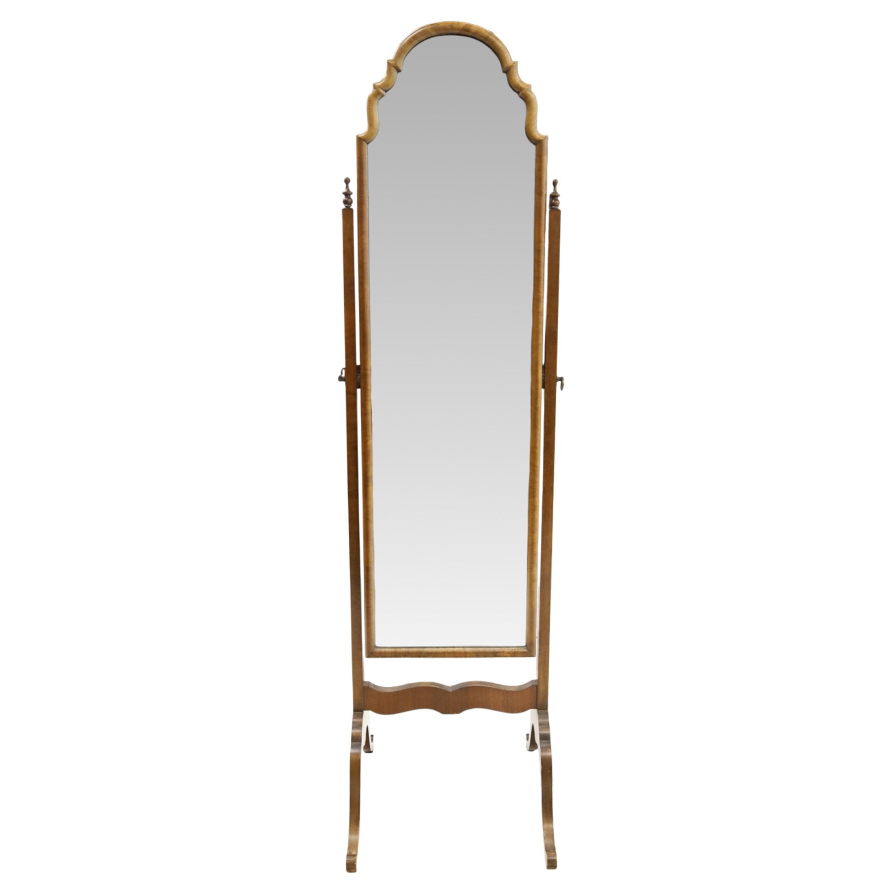 Early 20th century Queen Anne design walnut framed cheval mirror, hinged arched plate over waived stretcher and splayed supports