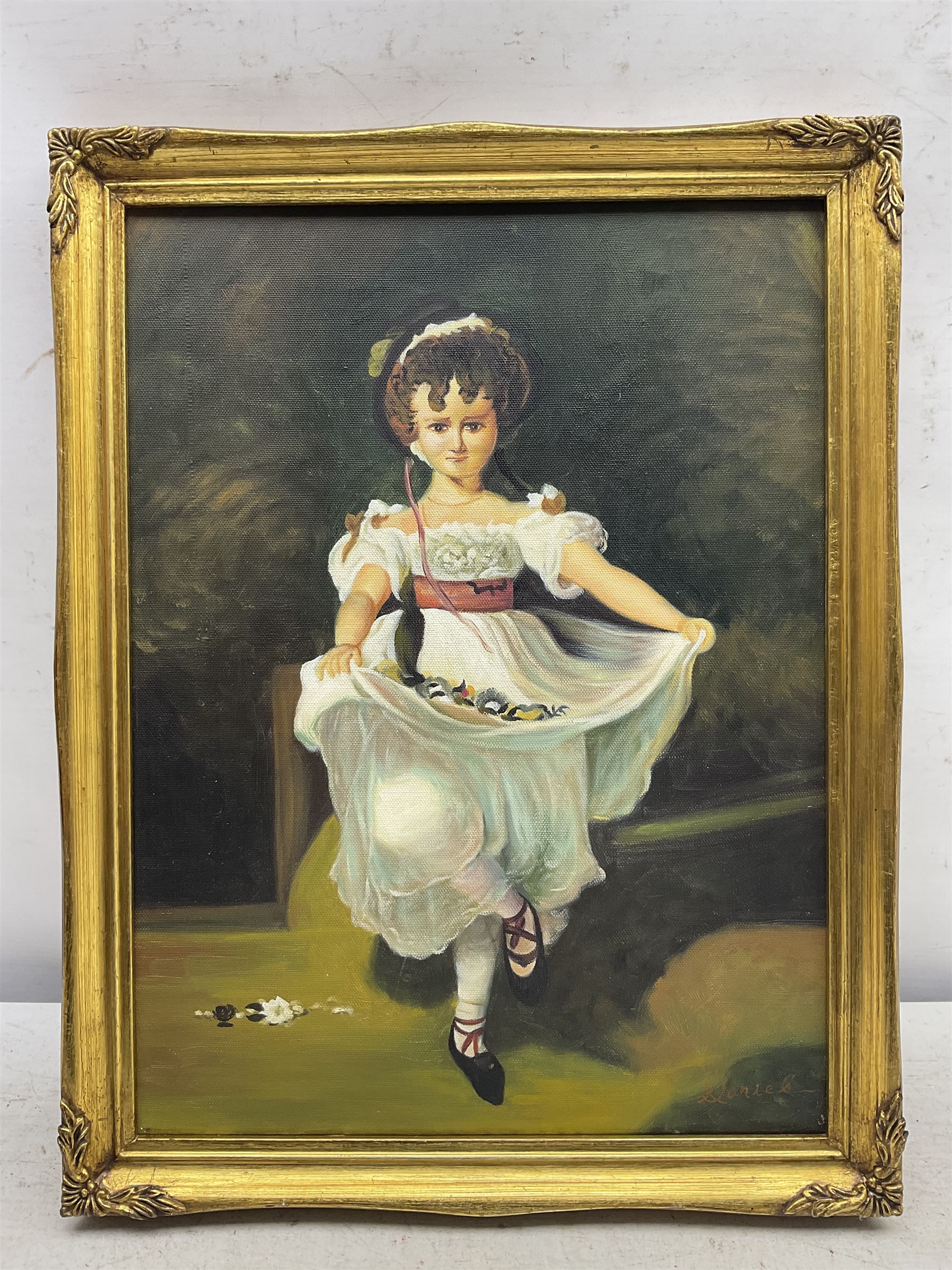 After Edgar Degas (French 1834-1917): Little Girl Carrying Flowers, oil on canvas reproduction signed 'Daniel' 39cm x 29cm