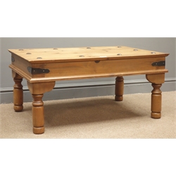  Mexican pine coffee table, studded top, turned supports, W90, H43cm, D60cm  
