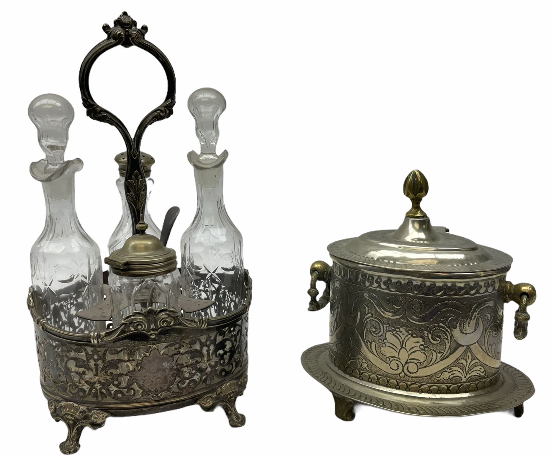 Two Georgian silver toddy ladles with baleen twist handles, (neither hallmarked), one with inset coin to bowl, together with a group of silver plate including cruet stand enclosing two glass bottles with stoppers, shaker and preserve pot with spoon, pair open salts with glass liners, etc. 