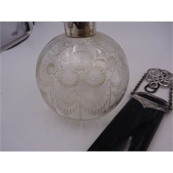 Late Victorian silver mounted tortoiseshell spectacles case, of oval form with openwork silver clip, the clip and silver rim both hallmarked Cornelius Desormeaux Saunders & James Francis Hollings (Frank) Shepherd, Chester & London 1895, L21.5cm, together with an Edwardian silver mounted scent bottle, the glass body with etched and cut floral decoration, hallmarked London 1908, H13cm
