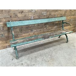 Early 20th century cast iron framed faux bois garden bench, timber seat and back rest