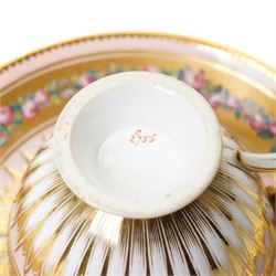 Brown-Westhead, Moore & Co cabinet cup and saucer, with rope twist moulded handle, hand-painted with floral reserves against a white and sky blue ground, heightened profusely with gilt, together with a pink hand-painted example, and a 19th century spill vase and twin-handled covered sucrier (4)