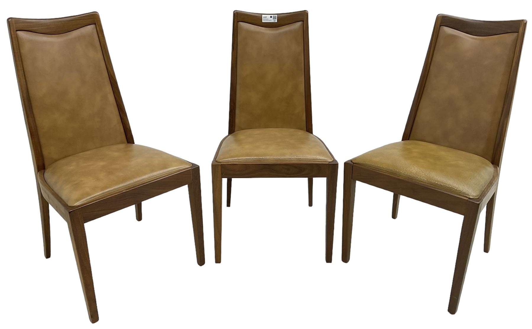 G-Plan - set of six mid-20th century teak 'Fresco' dining chairs, high back and seat upholstered in tan faux leather, on square tapering supports