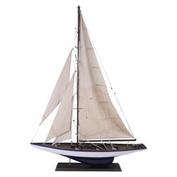 Three wooden model ships, comprising a single mast Schooner style pond yacht, a kit-built Viking longship and a model of HMS Endeavor, Schooner H117cm