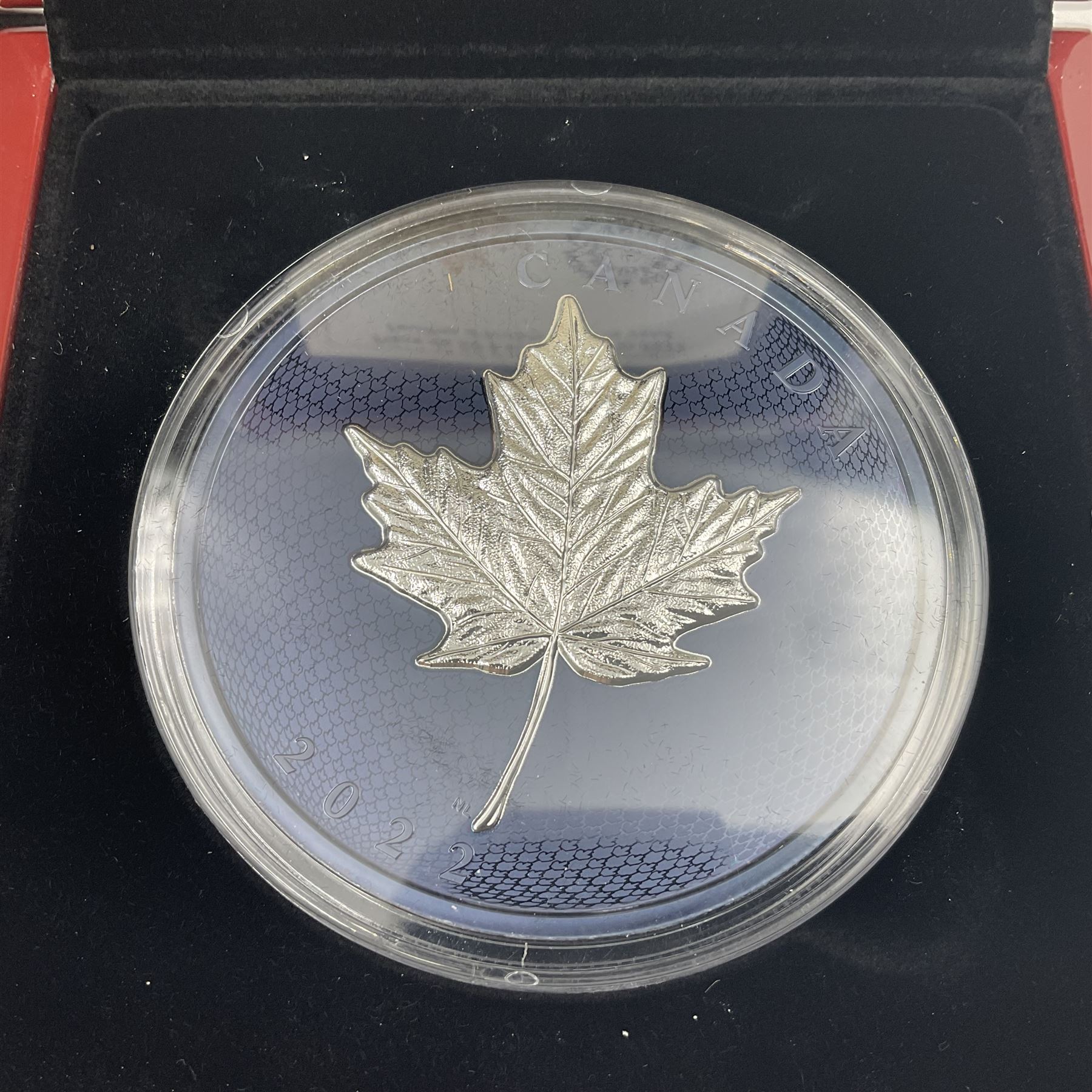 Royal Canadian Mint 2022 'Maple Leaves in Motion' fine silver fifty dollar coin, cased with certificate