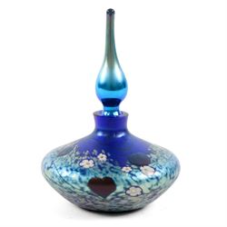 Okra scent bottle, of squat form with marbled blue iridescent design, together with Okra vase, dish and another similar art glass vase, scent bottle H12cm