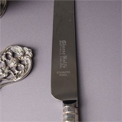 Silver three piece condiment set London 1973-1976 Maker C J Vander Ltd, George III silver sauce ladle London 1798, five silver coffee spoons, Dutch pierced silver server, silver handled knife, silver handled magnifying glass and small silver dish