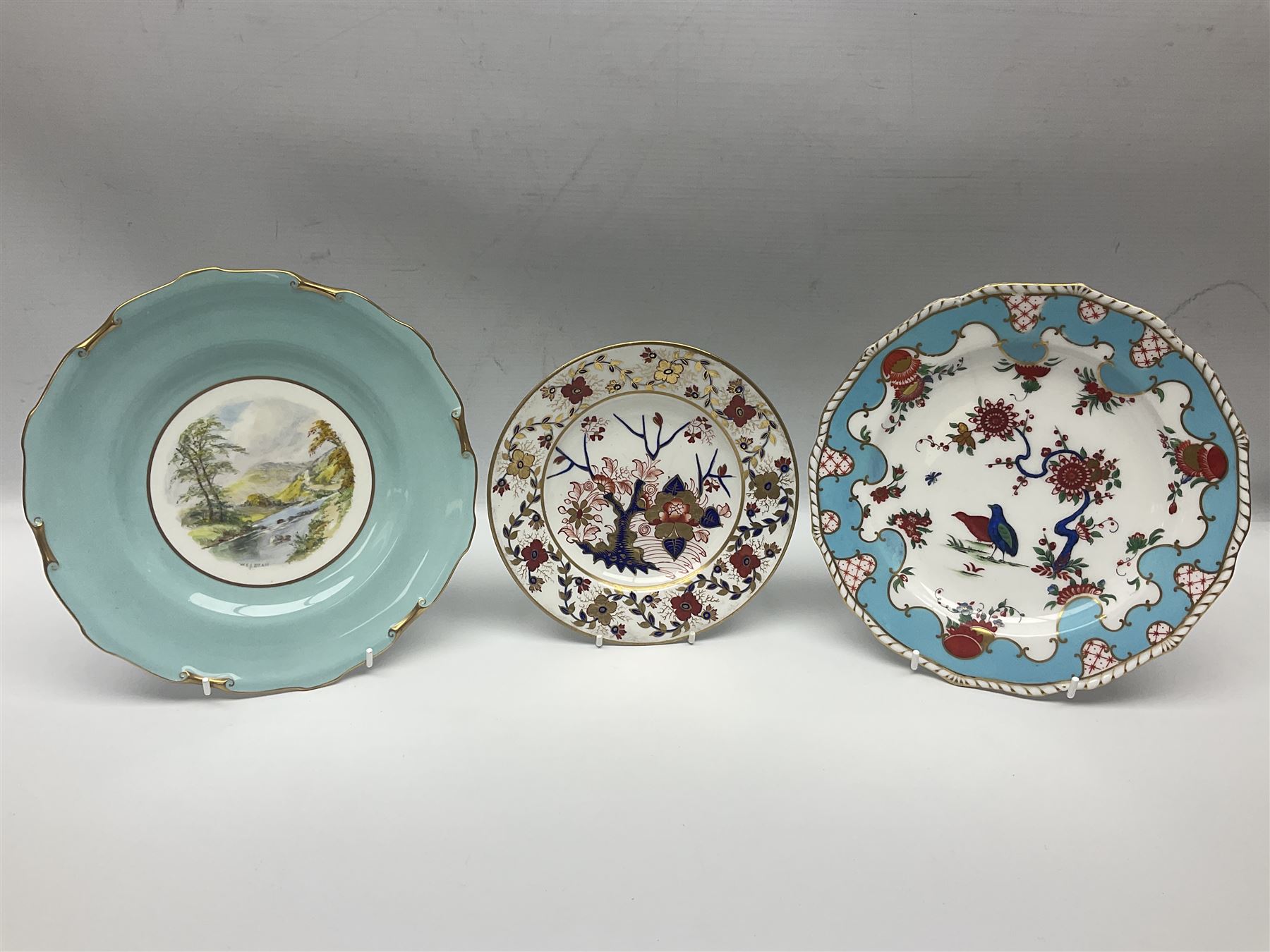 19th century Royal Crown Derby in cherry tree pattern, twin handled sauce dish and saucer and twin handled dish, together with three Royal Crown Derby plates, including one signed WEJ Dean