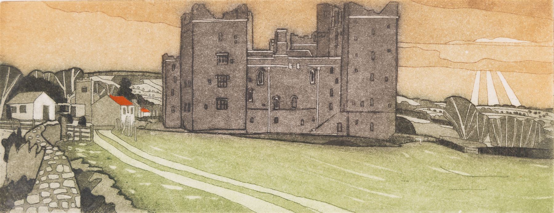 John Brunsdon ARCA (British 1933-2014): Views of Bolton Castle - Wensleydale, set three limited edition coloured etchings with aquatint signed titled and numbered in pencil 29cm x 11cm (3) (2 unframed)