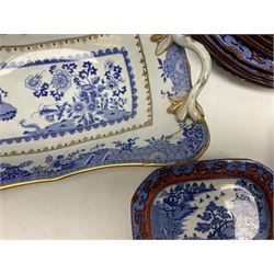 Group of 19th century and later ceramics, to include blue and white Willow pattern pearl ware dinner wares, overpainted in iron red, Spode blue and white Grasshopper pattern twin handled dish, Continental ewer painted with panels of floral sprays, blue bands and heightened with gild, etc., in one box 