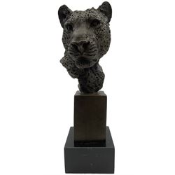 Bronze leopard bust, after P J Mene, mounted on black marble plinth, H24cm